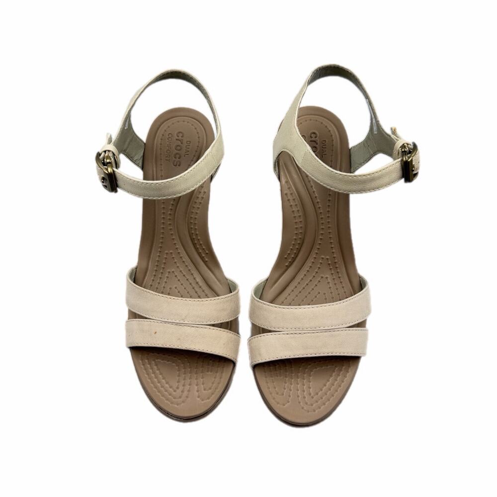Crocs Leigh II Ankle Strap Cream Beige Neutral Lightweight Comfort Wedge Sandals - Picture 6 of 11